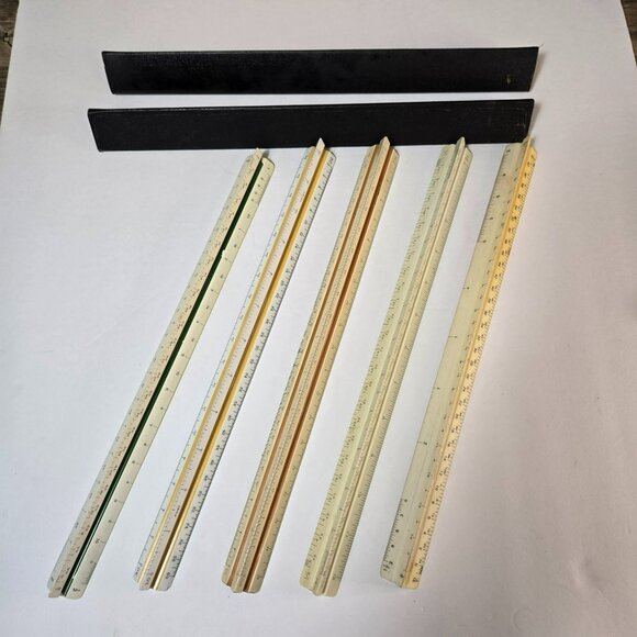 LOT (5) VTG 12" Engineer Architect Triangular Rulers Helix Hughes-Owens Keuffel - Picture 1 of 13